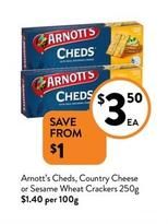 Arnott's - Cheds, Country Cheese Or Sesame Wheat Crackers 250g offers at $3.5 in Foodworks
