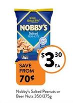 Nobby’s - Salted Peanuts Or Beer Nuts 350/375g offers at $3.3 in Foodworks
