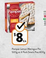 Pampas - Lemon Meringue Pie 500g Or 4 Pack Snack Pies 400g offers at $8 in Foodworks