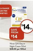 Nivea - Q10 Day Or Night Cream 50ml offers at $14 in Foodworks