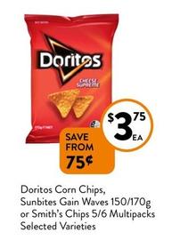 Doritos - Corn Chips, Sunbites Gain Waves 150/170g Or Smith’s Chips 5/6 Multipacks Selected Varieties offers at $3.75 in Foodworks