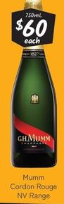 Mumm - Cordon Rouge Nv Range offers at $60 in Cellarbrations