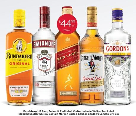Bundaberg - Up Rum, Smirnoff Red Label Vodka, Johnnie Walker Red Label Blended Scotch Whisky, Captain Morgan Spiced Gold Or Gordon’s London Dry Gin offers at $44.99 in Porters