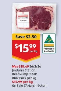 Jindurra Station - Beef Rump Steak Bulk Pack Per Kg offers at $15.99 in ALDI