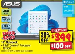 Asus - 15" Notebook Intel Celeron Processor N4500 4gb 128gb offers at $399 in JB Hi Fi