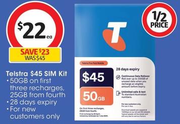 Telstra - $45 Sim Kit offers at $22 in Coles