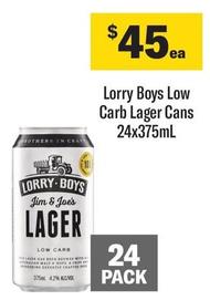 Lorry Boys - Low Carb Lager Cans 24x375ml offers at $45 in Coles