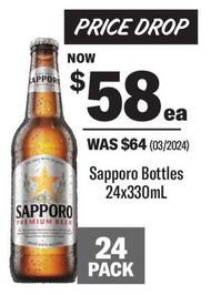 Sapporo - Bottles 24x330ml offers at $58 in Coles
