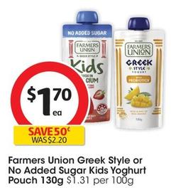 Farmers Union - Greek Style Kids Yoghurt Pouch 130g offers at $1.7 in Coles