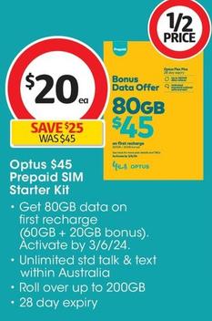 Optus - $45 Prepaid Sim Starter Kit offers at $20 in Coles