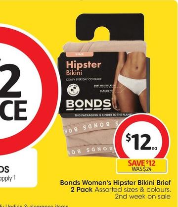 Bonds - Women's Hipster Bikini Brief 2 Pack offers at $12 in Coles