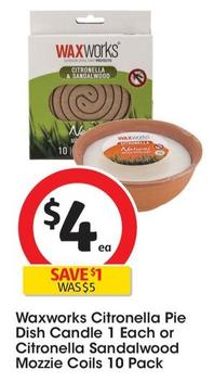 Waxworks - Citronella Pie Dish Candle 1 Each offers at $4 in Coles