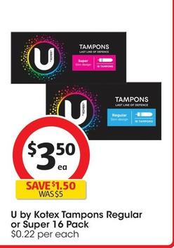 U By Kotex - Tampons Regular 16 Pack offers at $3.5 in Coles