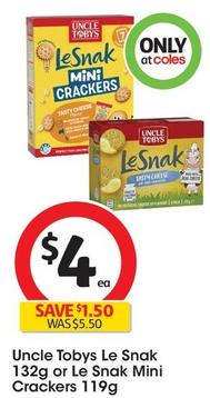 Uncle Tobys - Le Snak 132g  offers at $4 in Coles