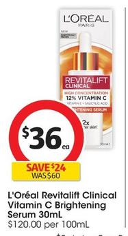 L'oreal - Revitalift Clinical Vitamin C Brightening Serum 30ml offers at $36 in Coles