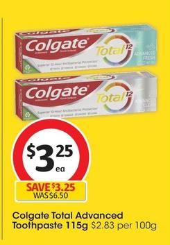 Colgate - Total Advanced Toothpaste 115g offers at $3.25 in Coles