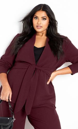Audrie Collarless Textured Jacket - oxblood offers at $159.95 in City Chic