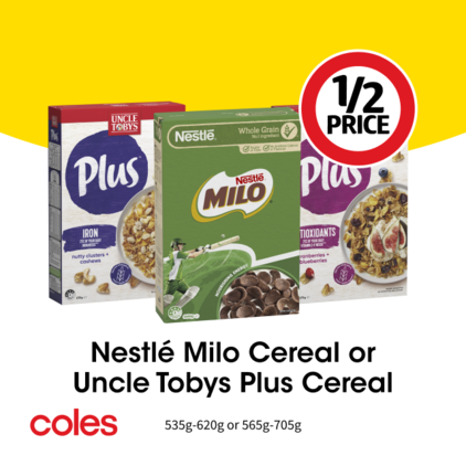 Nestle Milo Cereal or Uncle Tobys Plus Cereal  offers at $4.4 in Coles
