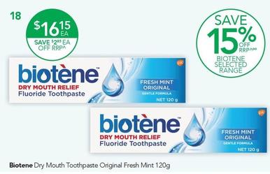 Biotene - Dry Mouth Toothpaste Original Fresh Mint 120g offers at $16.15 in TerryWhite Chemmart