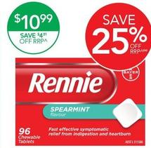 Rennie - Indegestion And Heartburn Relief Spearmint Flavour 96 Chewable tablets offers at $10.99 in TerryWhite Chemmart