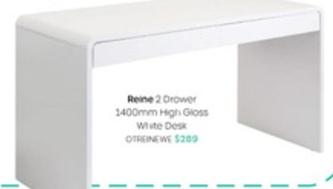 Reine - 2 Drawer 1400mm High Gloss White Desk offers at $269 in Officeworks