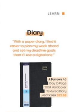 J. Burrows - A5 Day To Page 2024 Hardcover Textured Diary offers at $12.65 in Officeworks