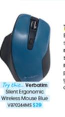 Verbatim - Silent Ergonomic Wireless Mouse Blue offers at $29 in Officeworks