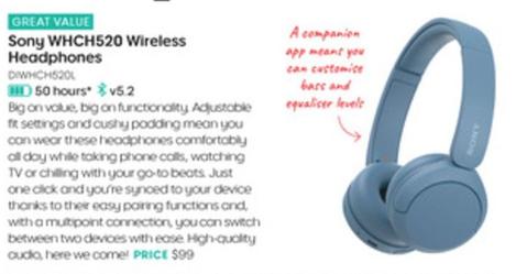 Sony - Whch520 Wireless Headphones offers at $99 in Officeworks