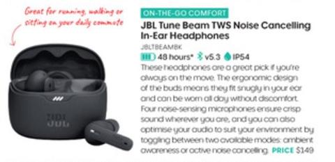 Jbl - Tune Beam Tws Noise Cancelling In-ear Headphones offers at $149 in Officeworks