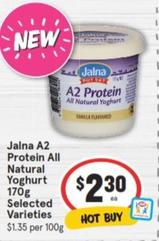 Jalna - A2 Protein All Natural Yoghurt 170g Selected Varieties offers at $2.3 in IGA