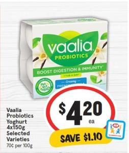 Vaalia - Probiotics Yoghurt 4x150g Selected Varieties offers at $4.2 in IGA