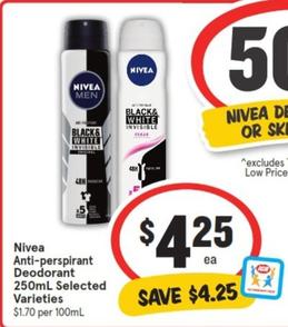 Nivea - Anti-perspirant Deodorant 250ml Selected Varieties offers at $4.25 in IGA
