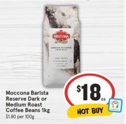 Moccona - Barista Reserve Dark Or Medium Roast Coffee Beans 1kg offers at $18 in IGA