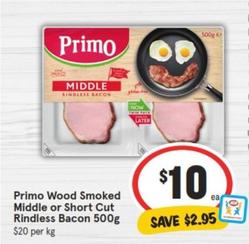 Primo - Wood Smoked Middle Or Short Cut Rindless Bacon 500g offers at $10 in IGA