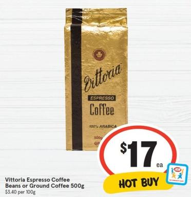 Vittoria - Espresso Coffee Beans Or Ground Coffee 500g offers at $17 in IGA