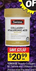 Swisse - Beauty Collagen + Hyaluronic Acid Booster 80 Tablets  offers at $20.99 in Cincotta Chemist