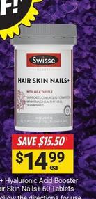 Swisse - Ultiboost Hair Skin Nails+ 60 Tablets offers at $14.99 in Cincotta Chemist