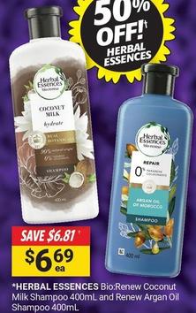 Herbal Essences - Renew Coconut Milk Shampoo 400ml And Renew Argan Oil Shampoo 400ml offers at $6.69 in Cincotta Chemist