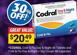 Codral - Cold & Flu Day & Night + Dry Cough 48 Capsules offers at $20.49 in Cincotta Chemist