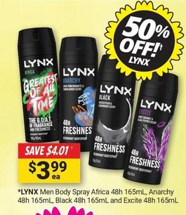 Lynx - Men Body Spray Africa 48h 165mL, Anarchy 48h 165mL, Black 48h 165mL And Excite 48h 165mL offers at $3.99 in Cincotta Chemist
