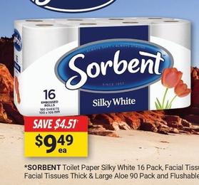 Sorbent - Toilet Paper Silky White 16 Pack offers at $9.49 in Cincotta Chemist