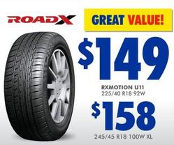 RoadX - RXMotion U11 225/40 R18 92W offers at $149 in Bob Jane T-Marts