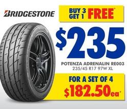 Bridgestone - Potenza Adrenalin RE003 235/45 R17 97W XL offers at $235 in Bob Jane T-Marts