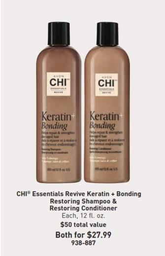 Avon - Chi Essentials Revive Keratin + Bonding Restoring Shampoo & Restoring Conditioner offers at $27.99 in Avon