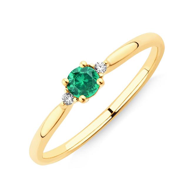 3 Stone Ring with Emerald & Diamonds in 10kt Yellow Gold offers at $499 in Michael Hill