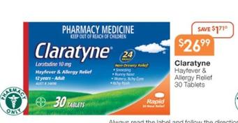 Claratyne - Hayfever & Allergy Relief 30 Tablets 30 Tablets offers at $26.99 in Soul Pattinson Chemist