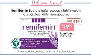 Remifemin -100 Tablets offers at $19.99 in Soul Pattinson Chemist
