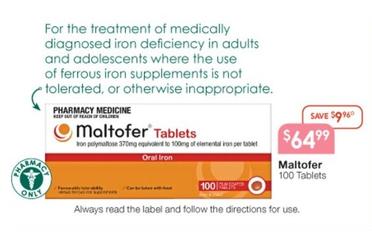Maltofer - 100 Tablets offers at $64.99 in Soul Pattinson Chemist