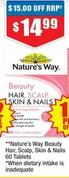 Nature's Way - Beauty Hair, Scalp, Skin & Nails 60 Tablets offers at $14.99 in Chemist Warehouse