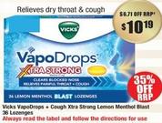 Vicks - Vapodrops + Cough Xtra Strong Lemon Menthol Blast 36 Lozenges offers at $10.19 in Chemist Warehouse